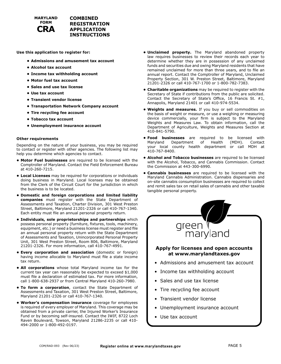 Maryland Form CRA (COM / RAD-093) Combined Registration Application - Maryland, Page 5