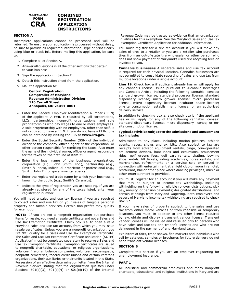 Maryland Form CRA (COM / RAD-093) Combined Registration Application - Maryland, Page 6