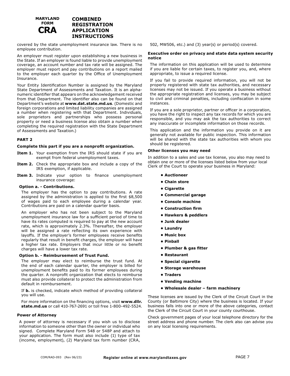 Maryland Form CRA (COM / RAD-093) Combined Registration Application - Maryland, Page 7