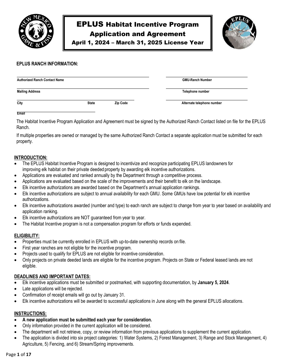 2025 New Mexico Eplus Habitat Incentive Program Application and Agreement Fill Out, Sign