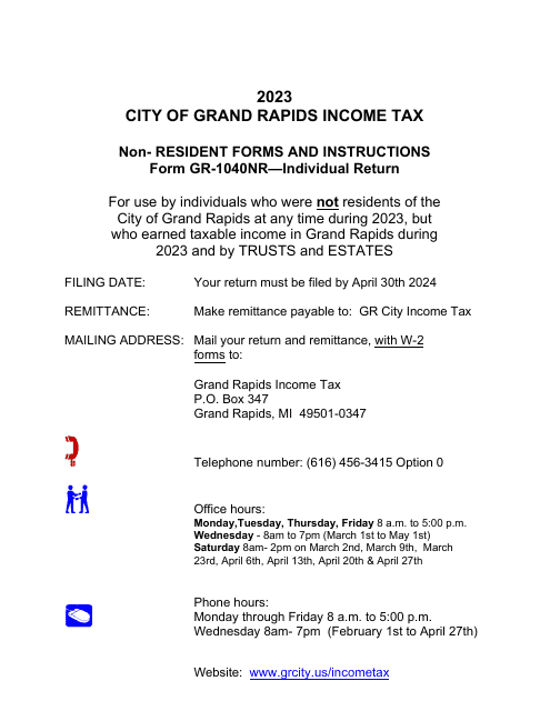 Form GR-1040NR Individual Income Tax Return - Non-resident - City of Grand Rapids, Michigan, 2023