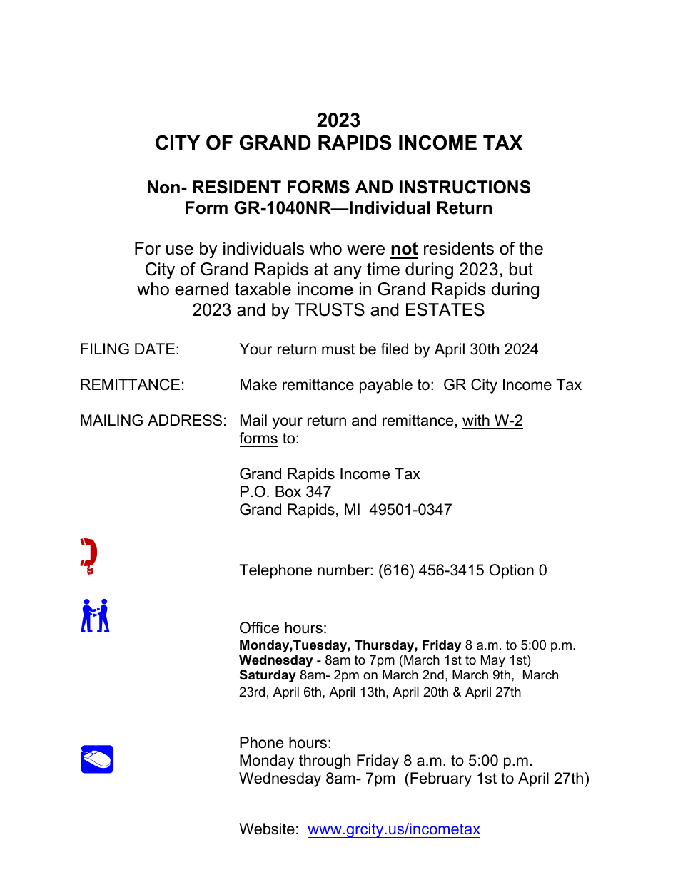 Form GR-1040NR Individual Income Tax Return - Non-resident - City of Grand Rapids, Michigan, Page 1