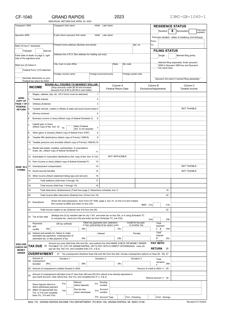 Form GR-1040NR Individual Income Tax Return - Non-resident - City of Grand Rapids, Michigan, Page 6