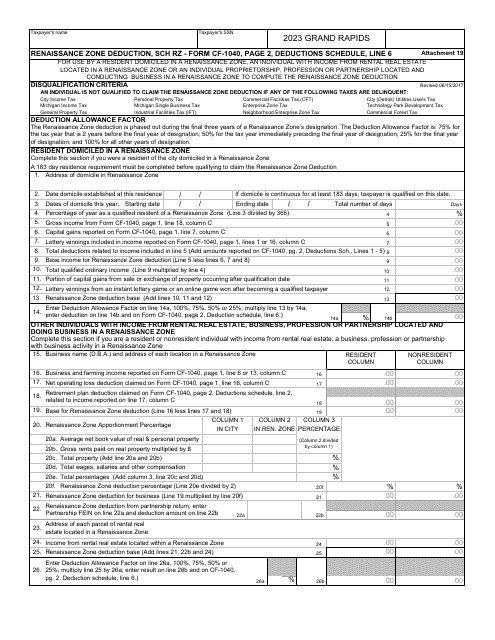 Form CF-1040 Schedule RZ Renaissance Zone Deduction - Cit y of Grand Rapids, Michigan, 2023