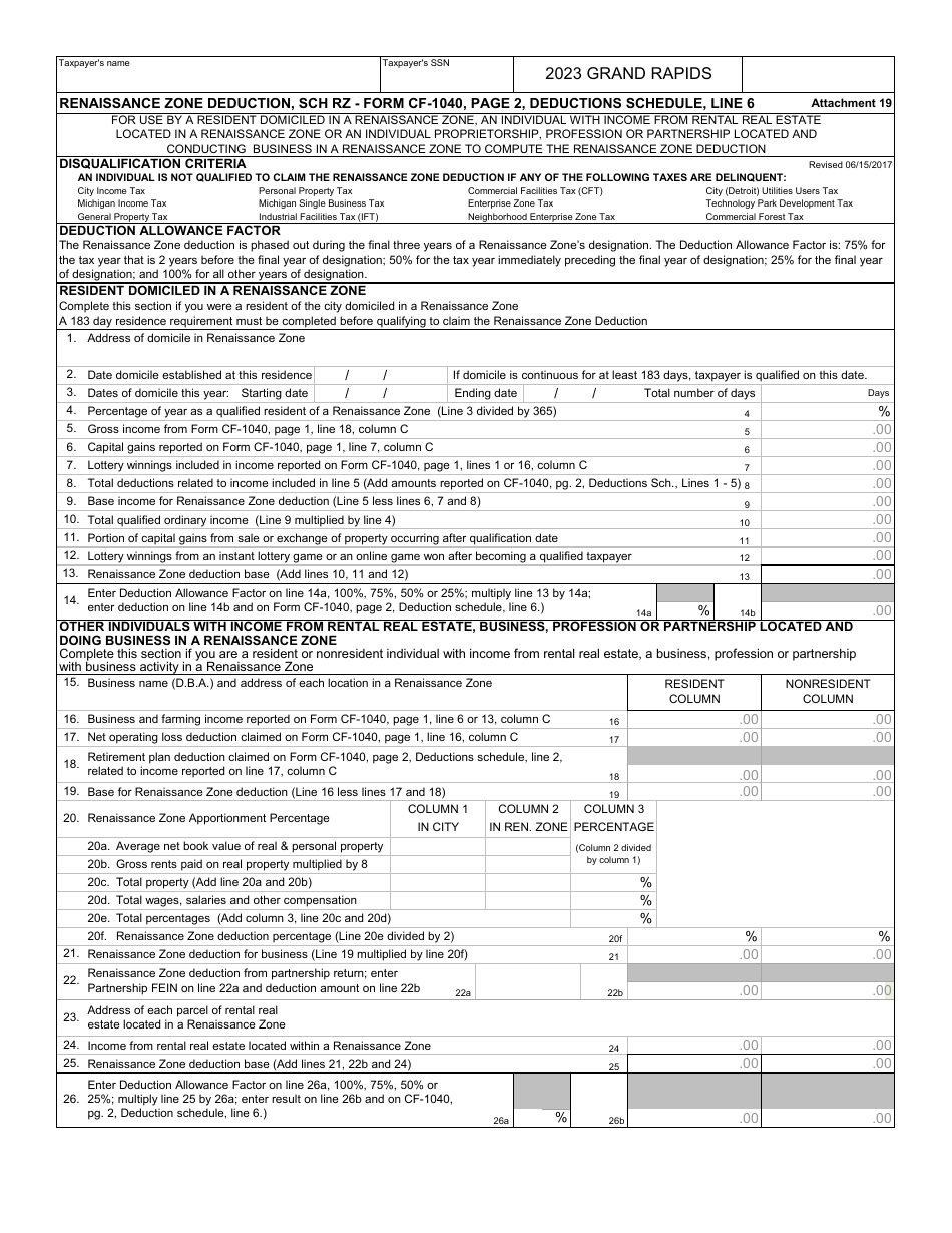 Form CF-1040 Schedule RZ Renaissance Zone Deduction - Cit y of Grand Rapids, Michigan, Page 1