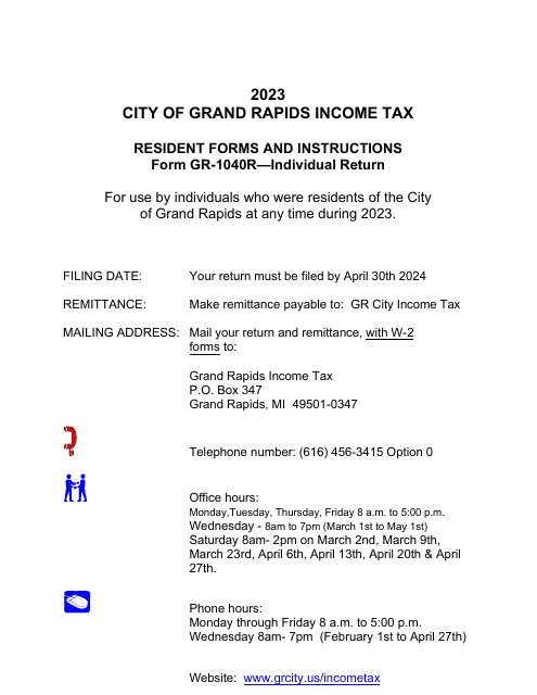 Form GR-1040R Resident Tax Return - City of Grand Rapids, Michigan, 2023