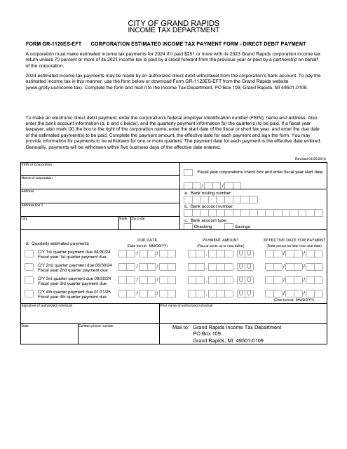 Form GR-1120ES-EFT Corporation Estimated Income Tax Payment Form - Direct Debit Payment - City of Grand Rapids, Michigan, 2024