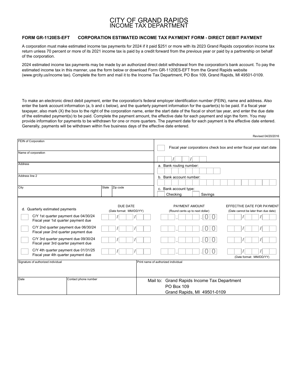 Form GR-1120ES-EFT Corporation Estimated Income Tax Payment Form - Direct Debit Payment - City of Grand Rapids, Michigan, Page 1