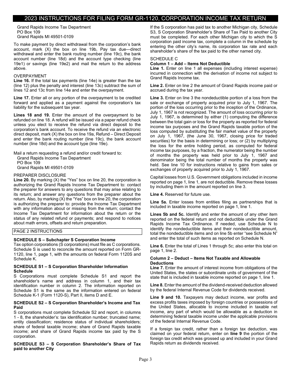 Form GR-1120 Corporation Income Tax Form - City of Grand Rapids, Michigan, Page 3