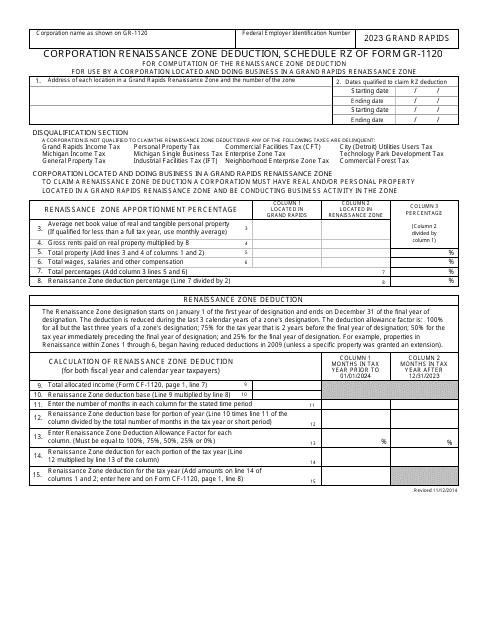 Form GR-1120 Schedule RZ Corporation Renaissance Zone Deduction - City of Grand Rapids, Michigan, 2023