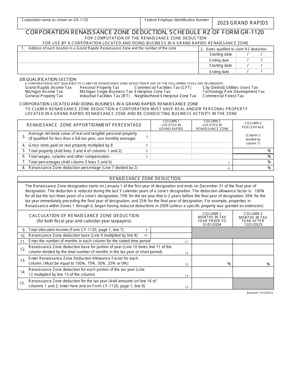Form GR-1120 Schedule RZ Corporation Renaissance Zone Deduction - City of Grand Rapids, Michigan, Page 1