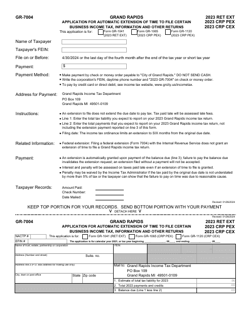 Form GR-7004 Application for Automatic Extension of Time to File Certain Business Income Tax, Information and Other Returns - City of Grand Rapids, Michigan, 2023