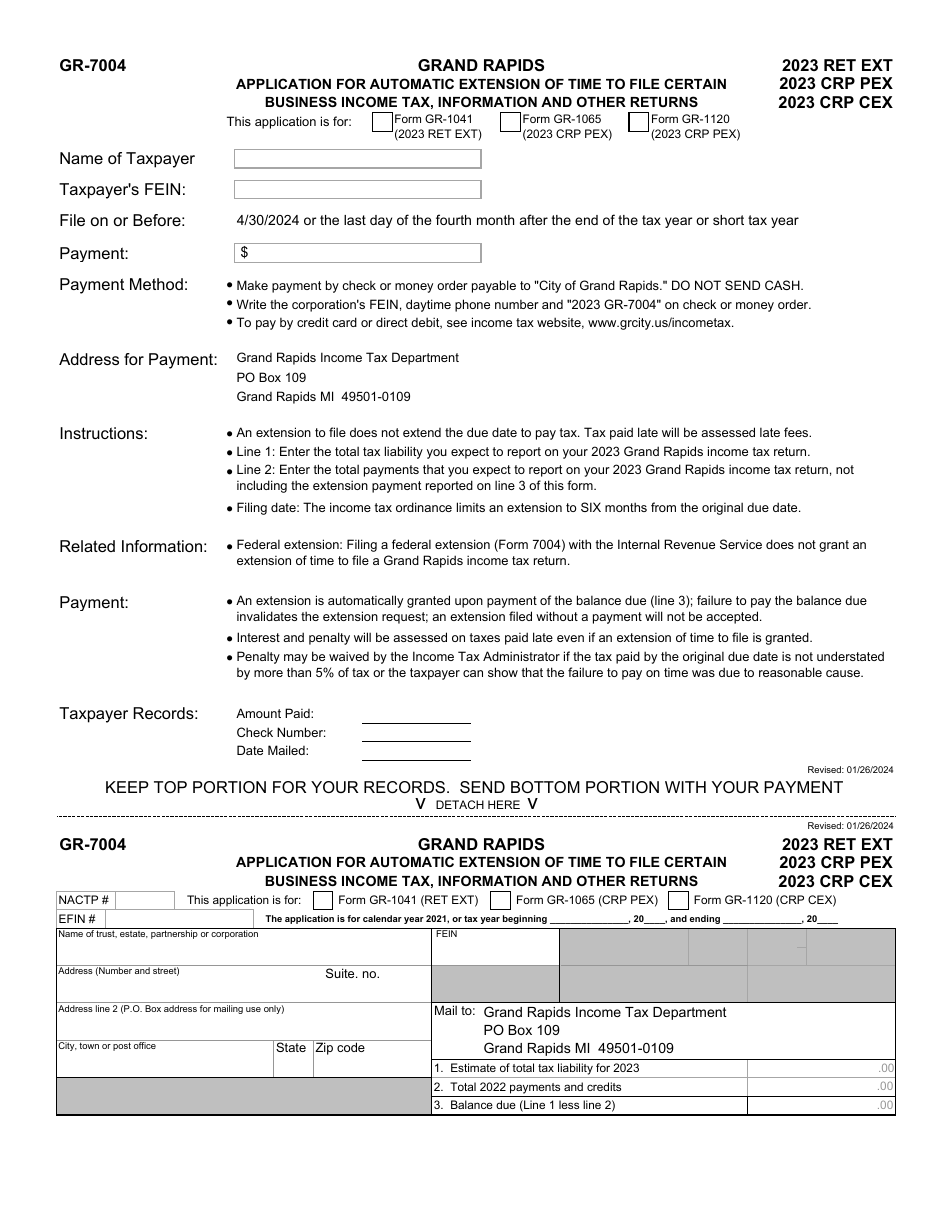 Form GR-7004 Application for Automatic Extension of Time to File Certain Business Income Tax, Information and Other Returns - City of Grand Rapids, Michigan, Page 1