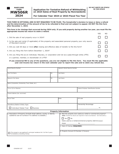 Maryland Form MW506R (COM/RAD-307) Application for Tentative Refund of Withholding on Sales of Real Property by Nonresidents - Maryland, 2024