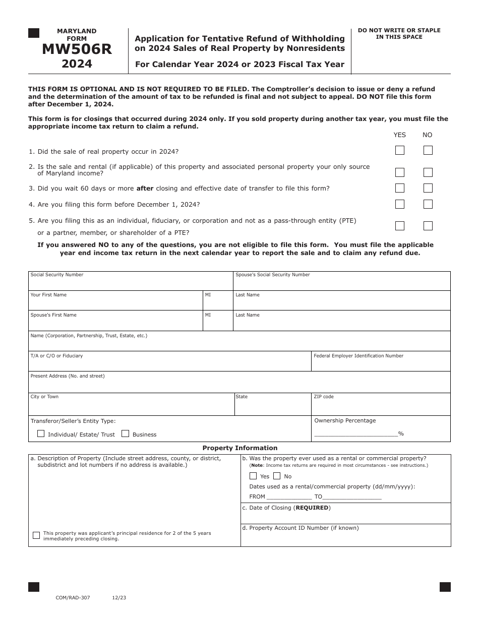 Maryland Form MW506R (COM / RAD-307) Application for Tentative Refund of Withholding on Sales of Real Property by Nonresidents - Maryland, Page 1