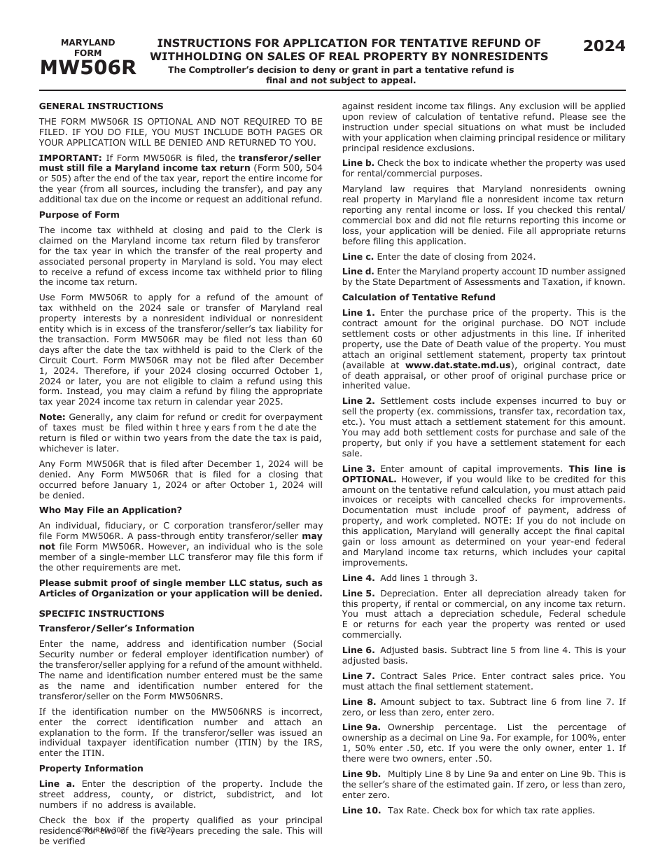 Maryland Form MW506R (COM / RAD-307) Application for Tentative Refund of Withholding on Sales of Real Property by Nonresidents - Maryland, Page 3