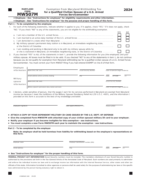 Maryland Form MW507M (COM/RAD048) Exemption From Maryland Withholding Tax for a Qualified Civilian Spouse of a U.S. Armed Forces Servicemember - Maryland, 2024