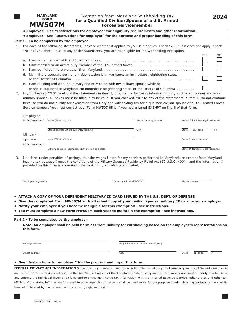 Maryland Form MW507M (COM / RAD048) Exemption From Maryland Withholding Tax for a Qualified Civilian Spouse of a U.S. Armed Forces Servicemember - Maryland, Page 1