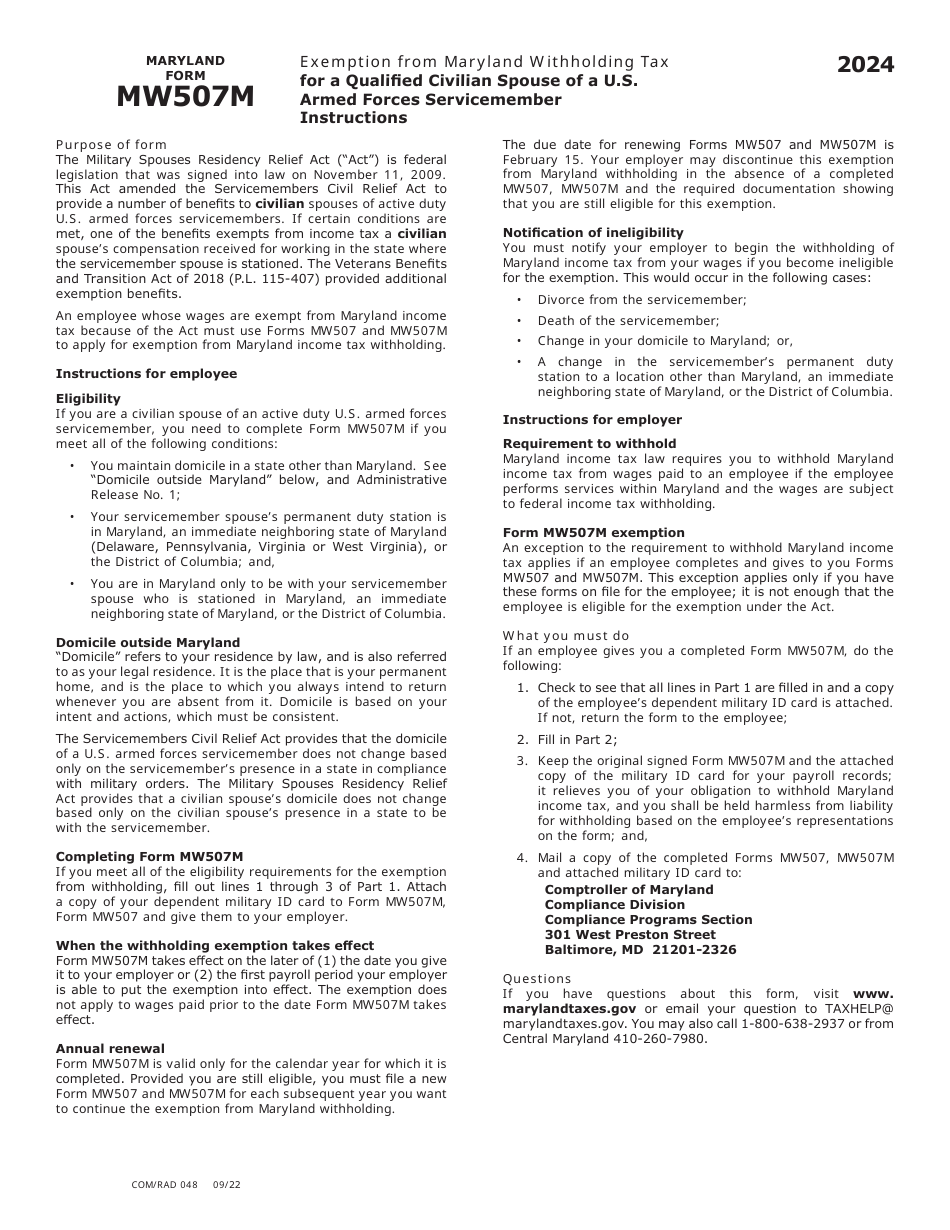 Maryland Form MW507M (COM / RAD048) Exemption From Maryland Withholding Tax for a Qualified Civilian Spouse of a U.S. Armed Forces Servicemember - Maryland, Page 2