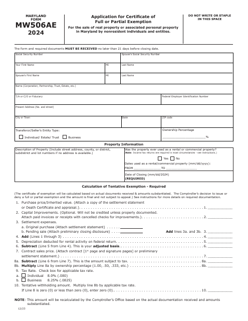 Maryland Form MW506AE RELO PACKAGE Application for Certificate of Full or Partial Exemption - Maryland, 2024