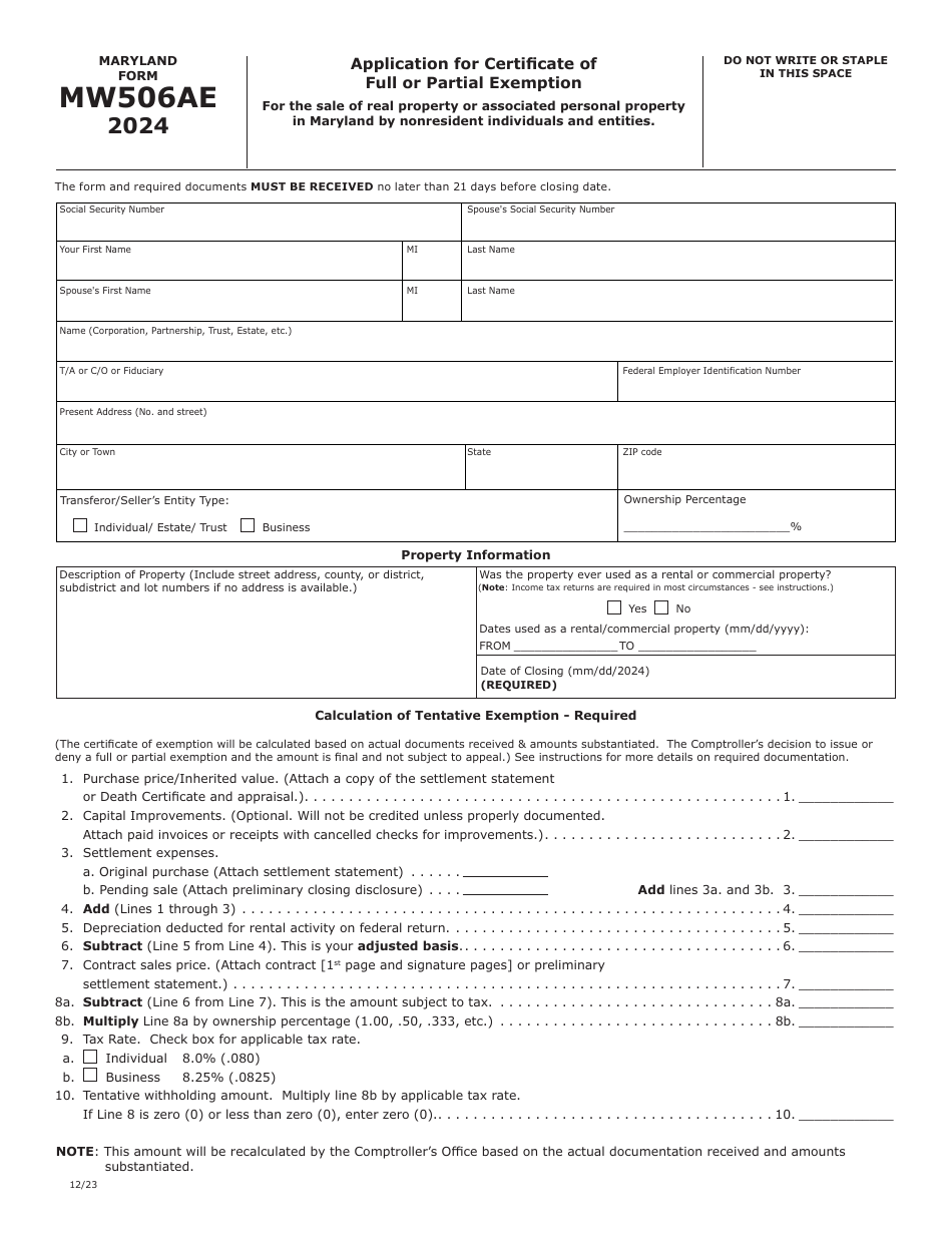 Maryland Form MW506AE RELO PACKAGE 2024 Fill Out, Sign Online and