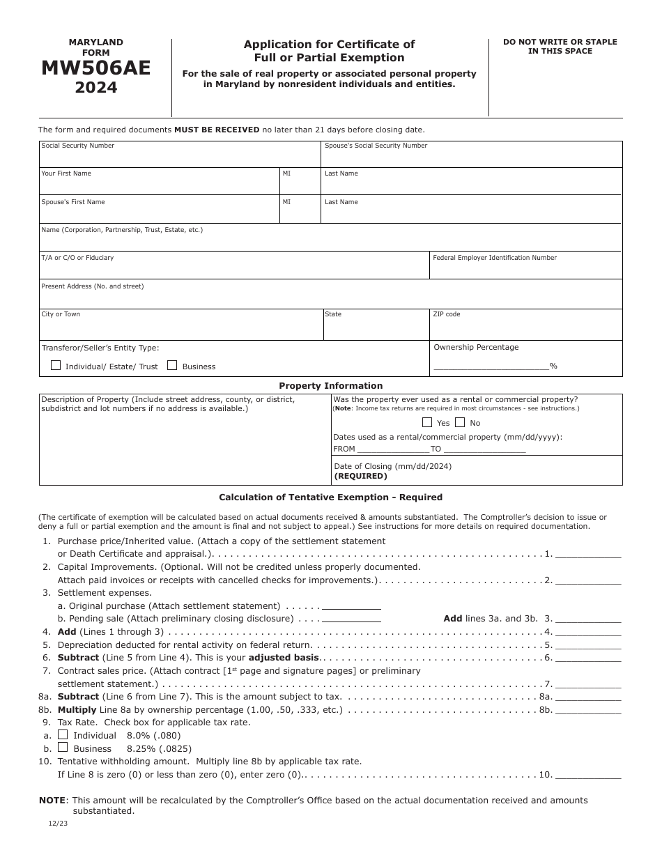 Maryland Form MW506AE RELO PACKAGE Application for Certificate of Full or Partial Exemption - Maryland, Page 1