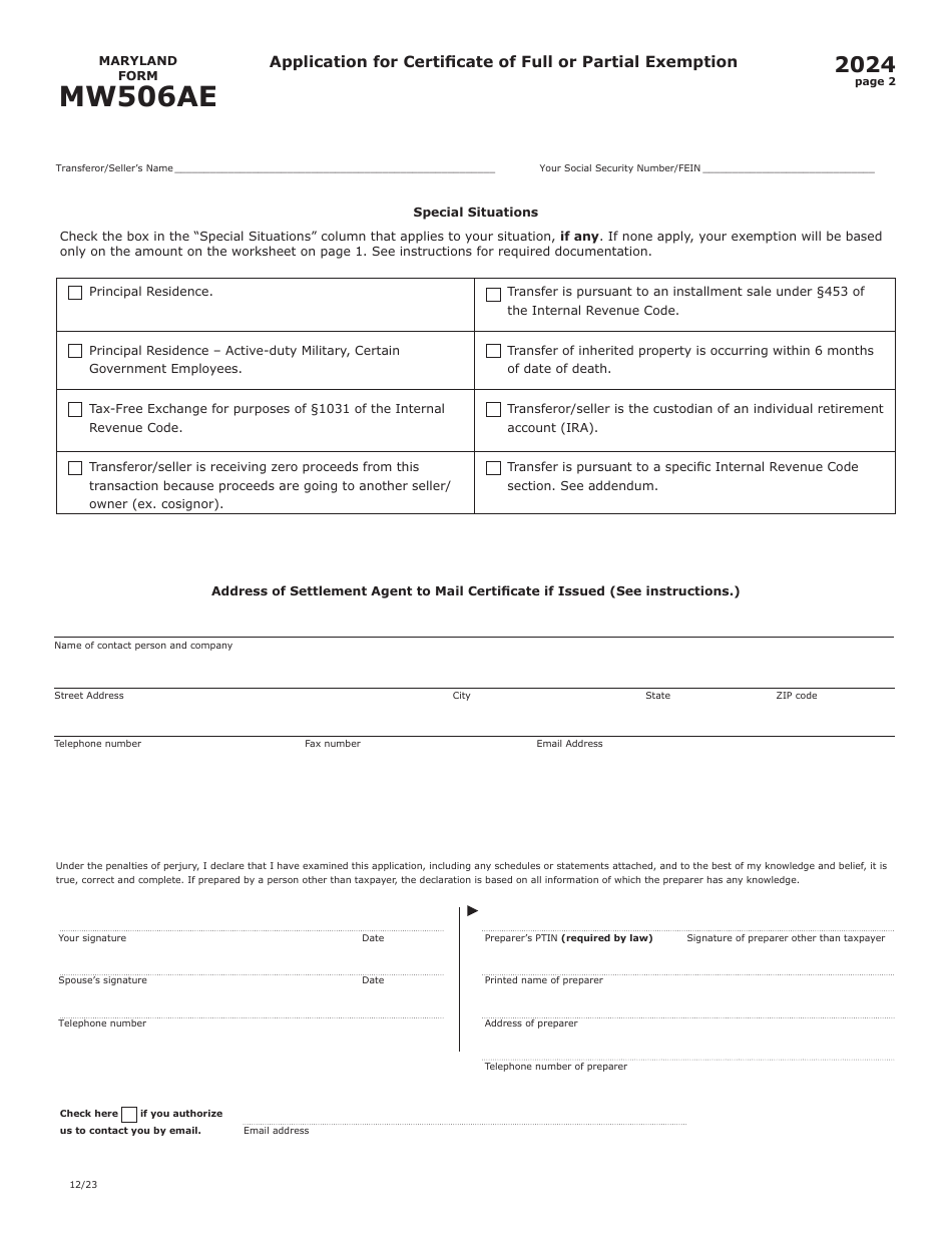 Maryland Form MW506AE RELO PACKAGE Application for Certificate of Full or Partial Exemption - Maryland, Page 2