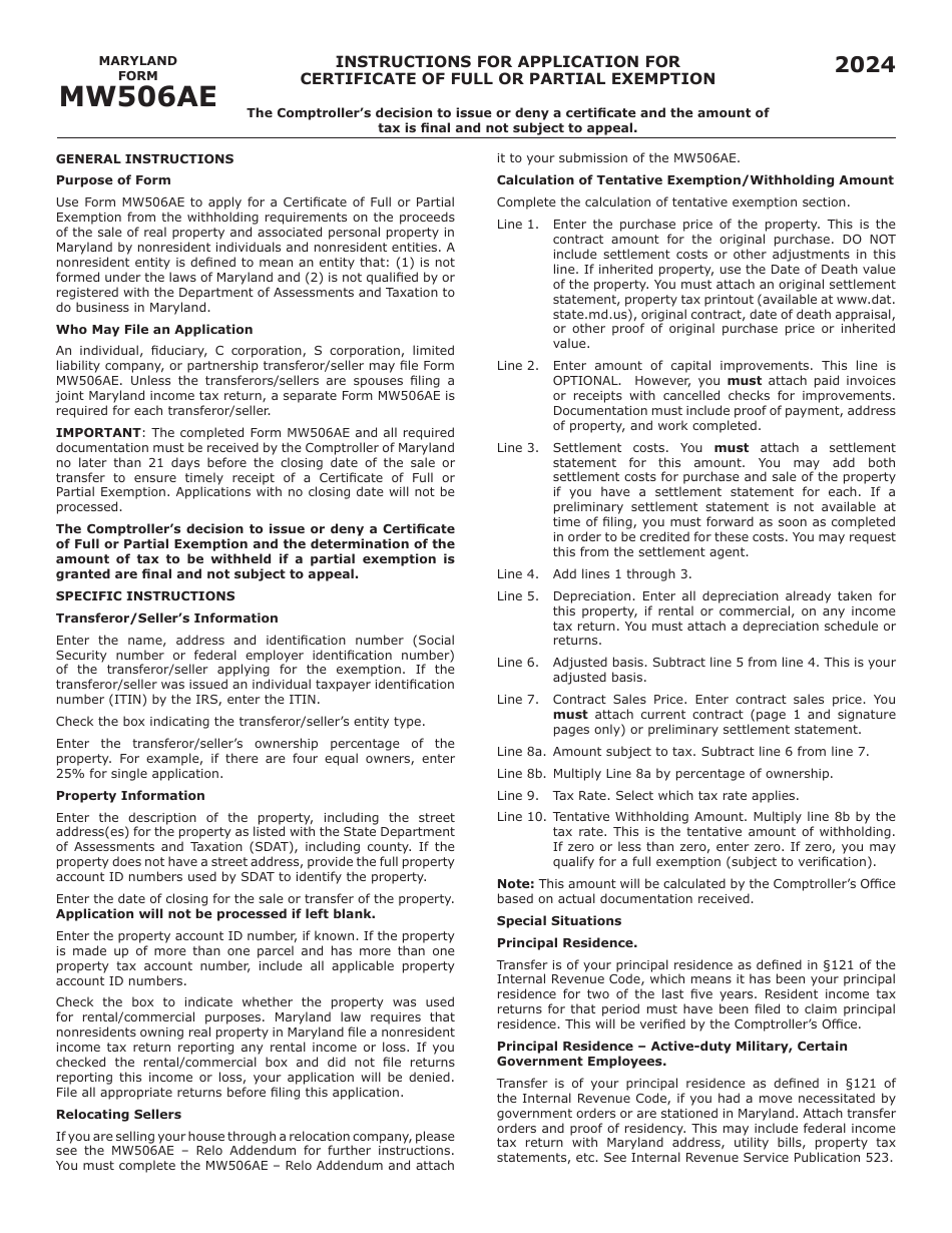 Maryland Form MW506AE RELO PACKAGE Application for Certificate of Full or Partial Exemption - Maryland, Page 3