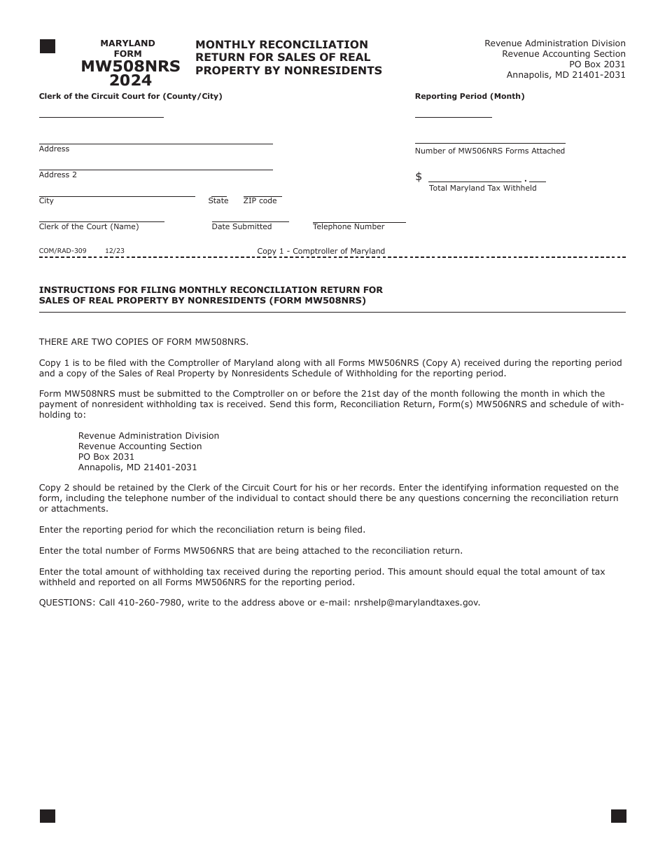 Maryland Form MW508NRS (COM / RAD-309) Monthly Reconciliation Return for Sales of Real Property by Nonresidents - Maryland, Page 1