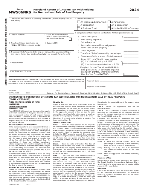 Maryland Form MW506NRS (COM/RAD-308) Maryland Return of Income Tax Withholding for Nonresident Sale of Real Property - Maryland, 2024