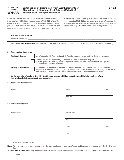 Maryland Form WH-AR 2024 Printable Pdf
