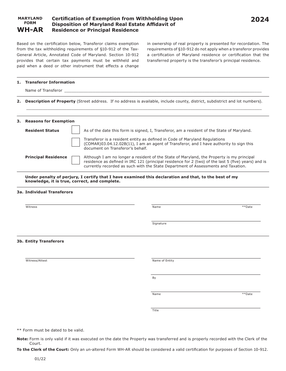 Maryland Form Wh Ar Download Fillable Pdf Or Fill Online Certification Of Exemption From 2010