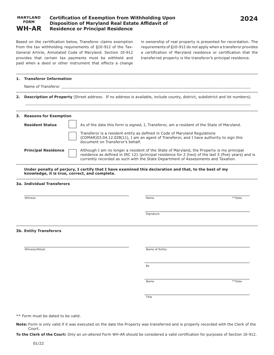 Maryland Form WH-AR Certification of Exemption From Withholding Upon Disposition of Maryland Real Estate Affidavit of Residence or Principal Residence - Maryland, Page 1