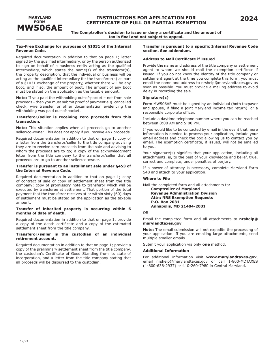 Maryland Form MW506AE Application for Certificate of Full or Partial Exemption - Maryland, Page 4