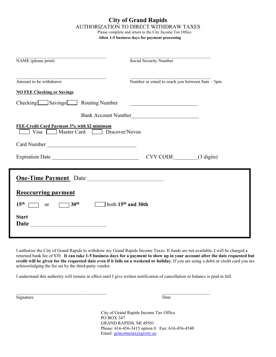 City of Grand Rapids, Michigan Authorization to Direct Withdraw Taxes ...