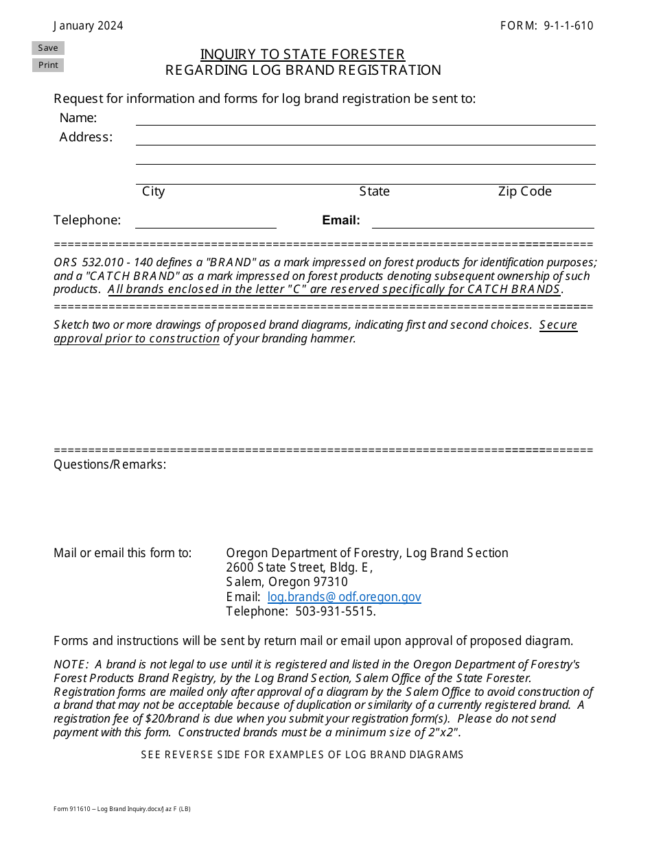 Form 9-1-1-610 Inquiry to State Forester Regarding Log Brand Registration - Oregon, Page 1