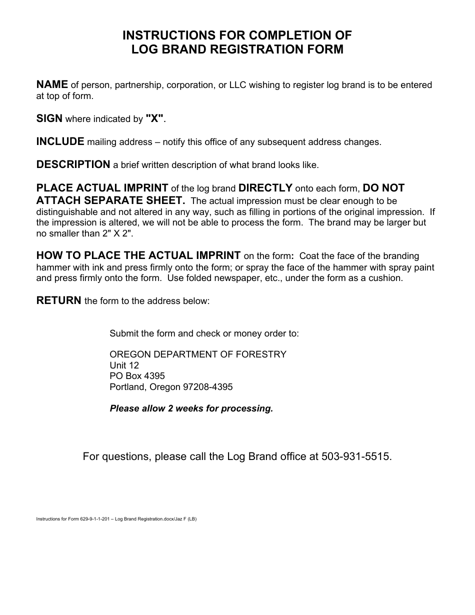 Instructions for Form 629-9-1-1-201 Log Brand Registration - Oregon, Page 1
