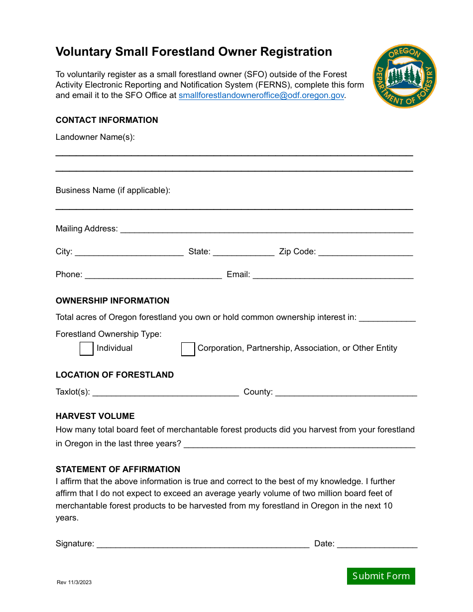 Voluntary Small Forestland Owner Registration - Oregon, Page 1