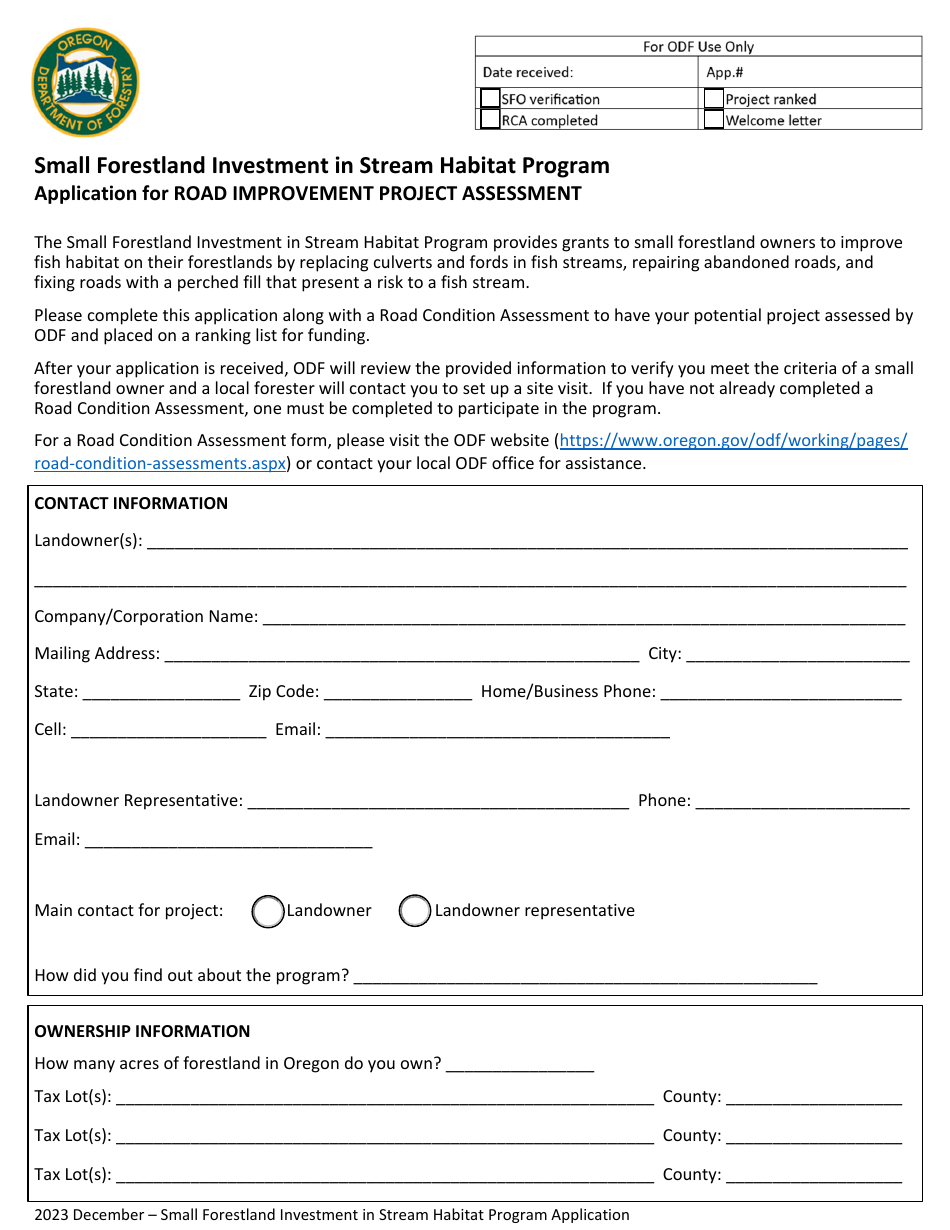 Oregon Application for Road Improvement Project Assessment Small