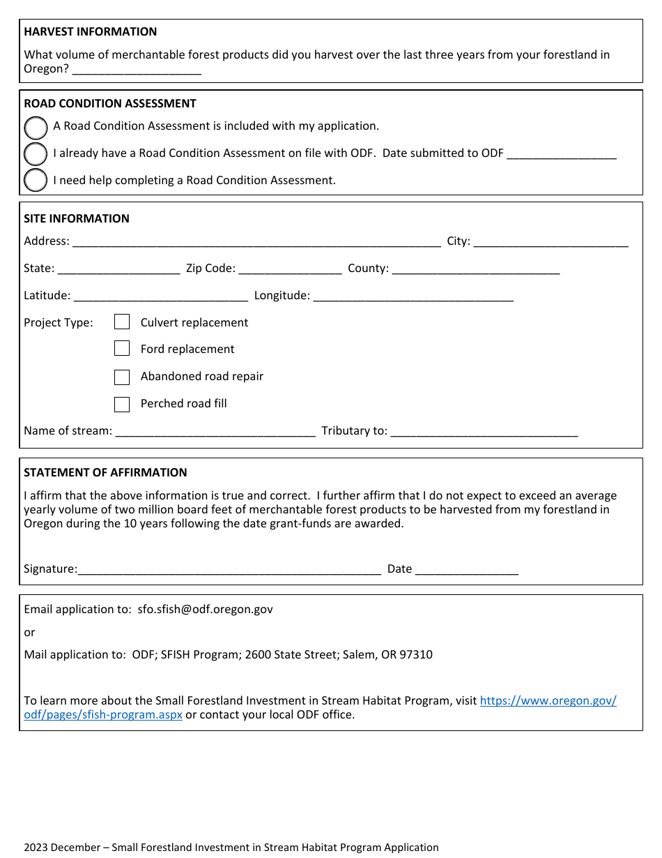 Application for Road Improvement Project Assessment - Small Forestland Investment in Stream Habitat Program - Oregon, Page 2