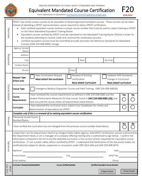 Form F20 Equivalent Mandated Course Certification - Oregon