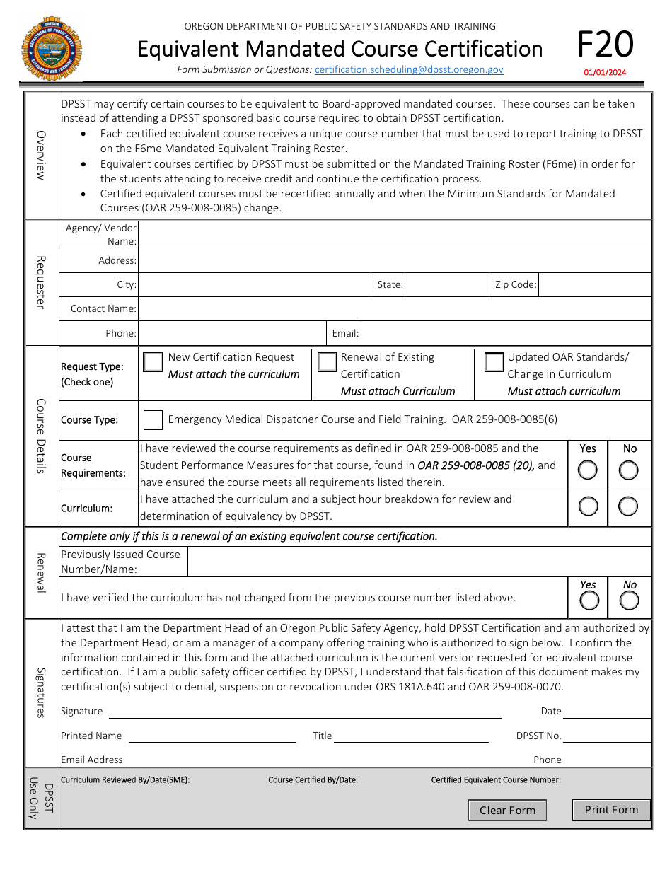 Form F20 Equivalent Mandated Course Certification - Oregon, Page 1