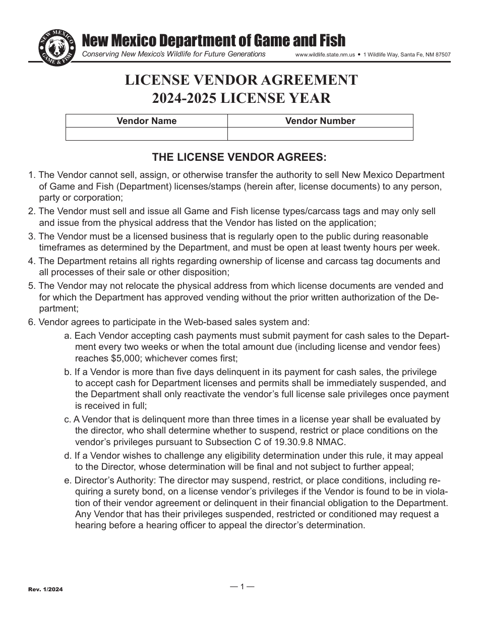 License Vendor Agreement - New Mexico, Page 1
