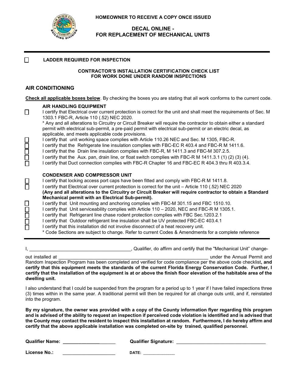 Palm Beach County, Florida Decal Online for Replacement of Mechanical