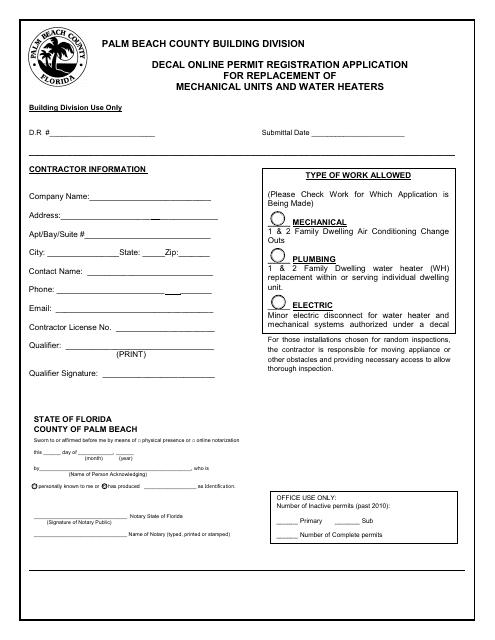 Decal Online Permit Registration Application for Replacement of Mechanical Units and Water Heaters - Palm Beach County, Florida Download Pdf