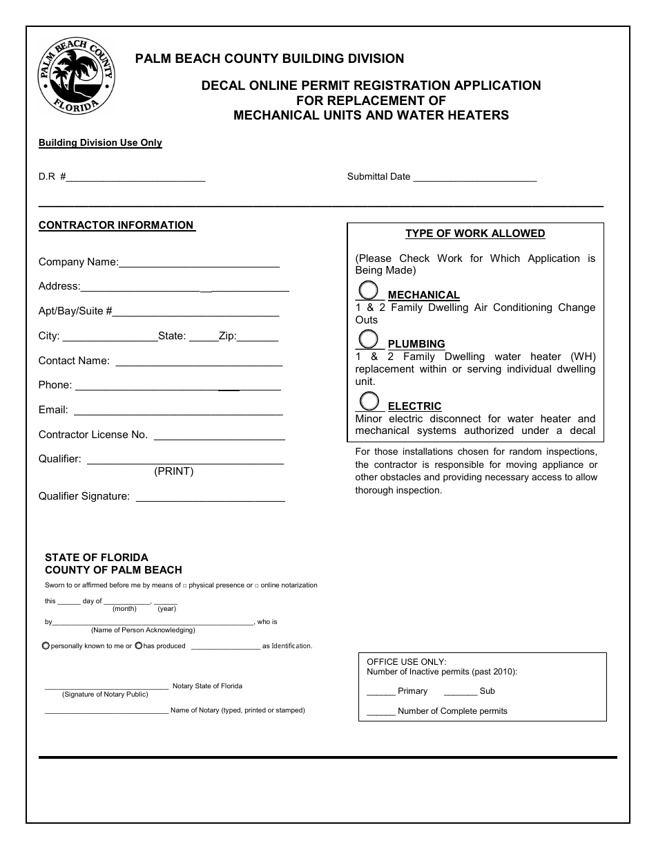 Decal Online Permit Registration Application for Replacement of Mechanical Units and Water Heaters - Palm Beach County, Florida, Page 1