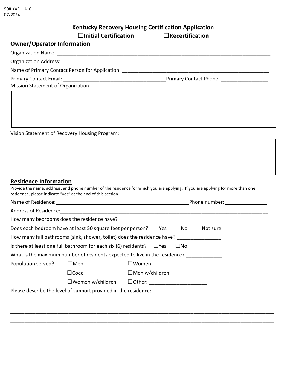 Kentucky Recovery Housing Certification Application - Kentucky, Page 1