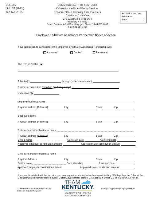 Form DCC-605 Employee Child Care Assistance Partnership Notice of Action - Kentucky
