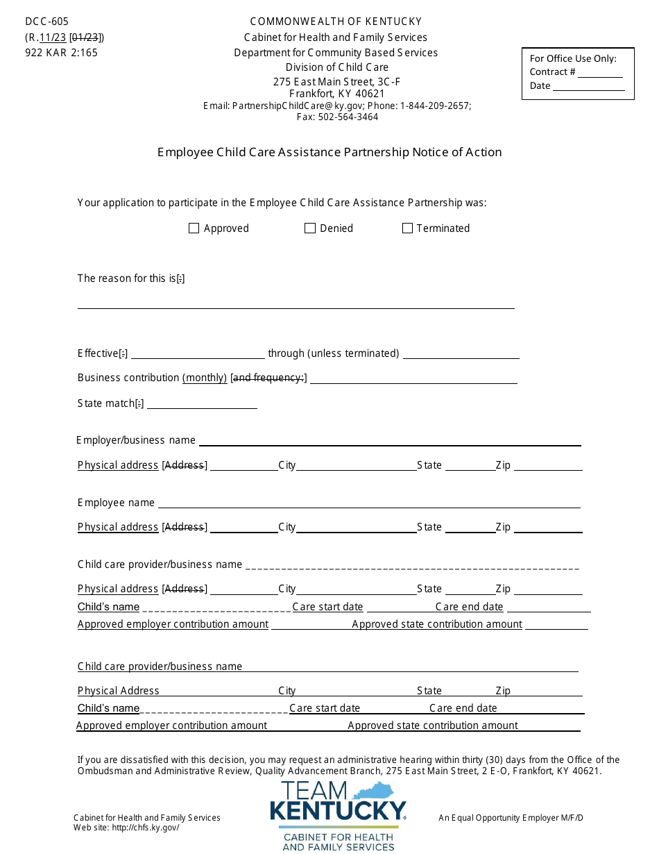 Form DCC-605 Employee Child Care Assistance Partnership Notice of Action - Kentucky, Page 1