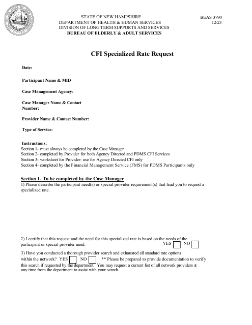 Form BEAS3790 Cfi Specialized Rate Request - New Hampshire